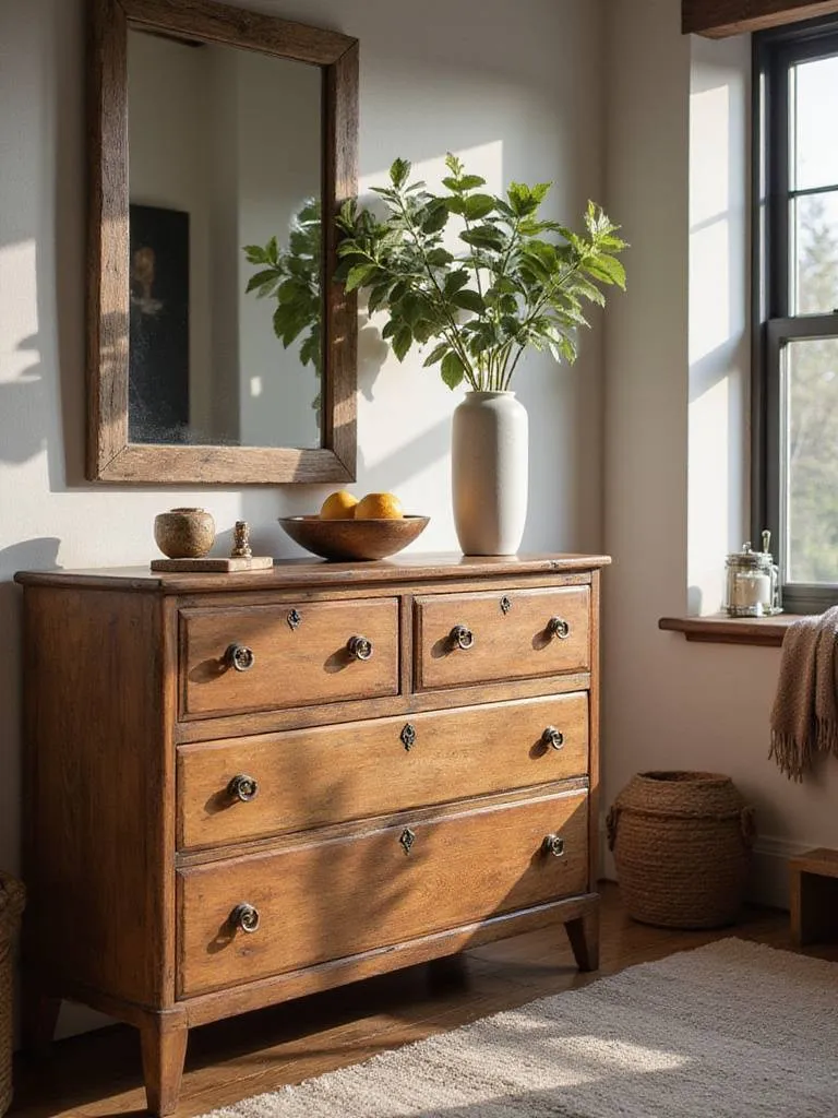Vintage dresser in a rustic bedroom with natural lighting
