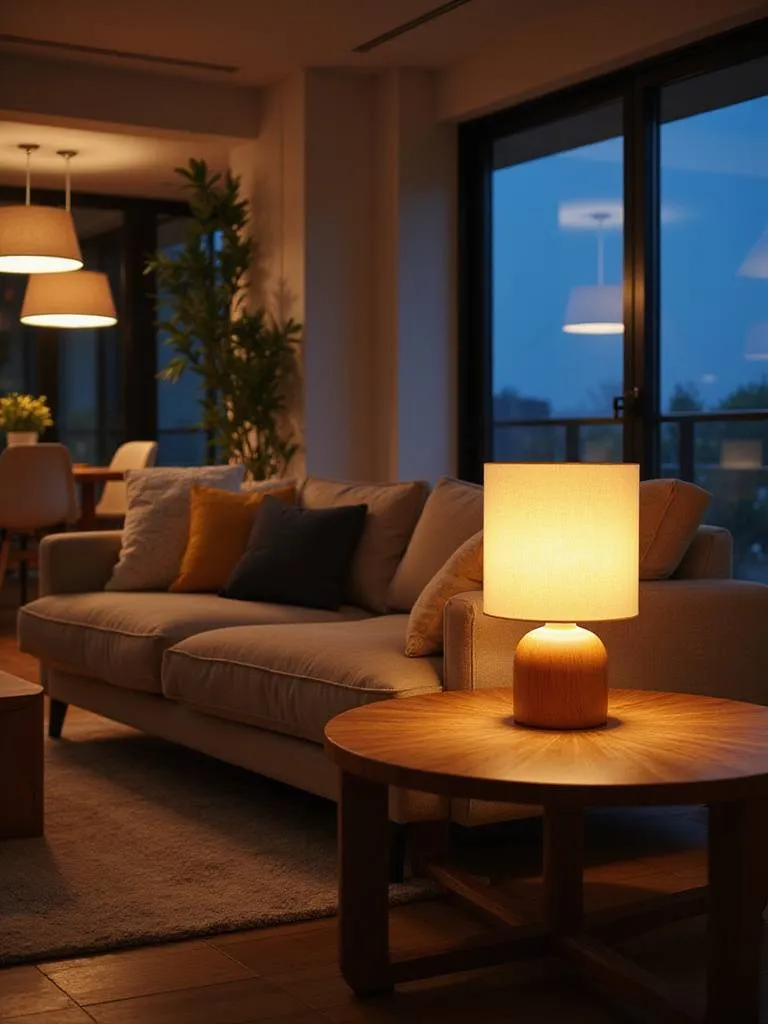 Modern living room with smart lighting showcasing different moods and ambiances.