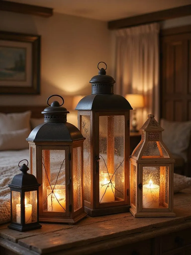 Rustic bedroom with lanterns creating a cozy glow