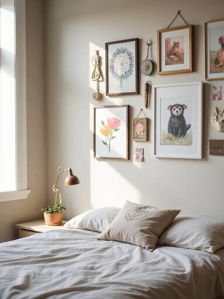 Cozy bedroom wall adorned with whimsical art prints and illustrations