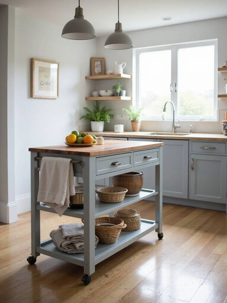 A mobile kitchen island in a modern small kitchen with a butcher block countertop and open shelving.