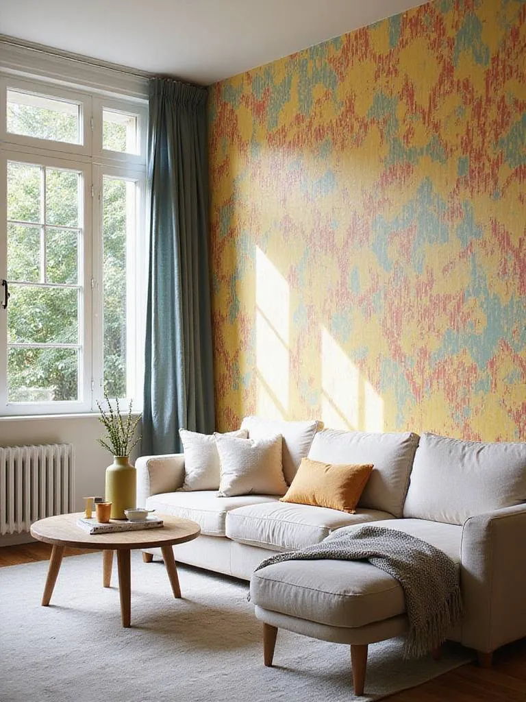Living room with peel-and-stick wallpaper featuring a geometric design.