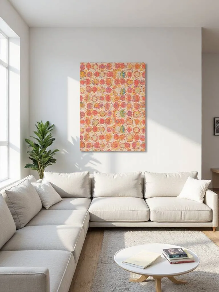 Living room with removable wall decals showcasing a vibrant geometric pattern