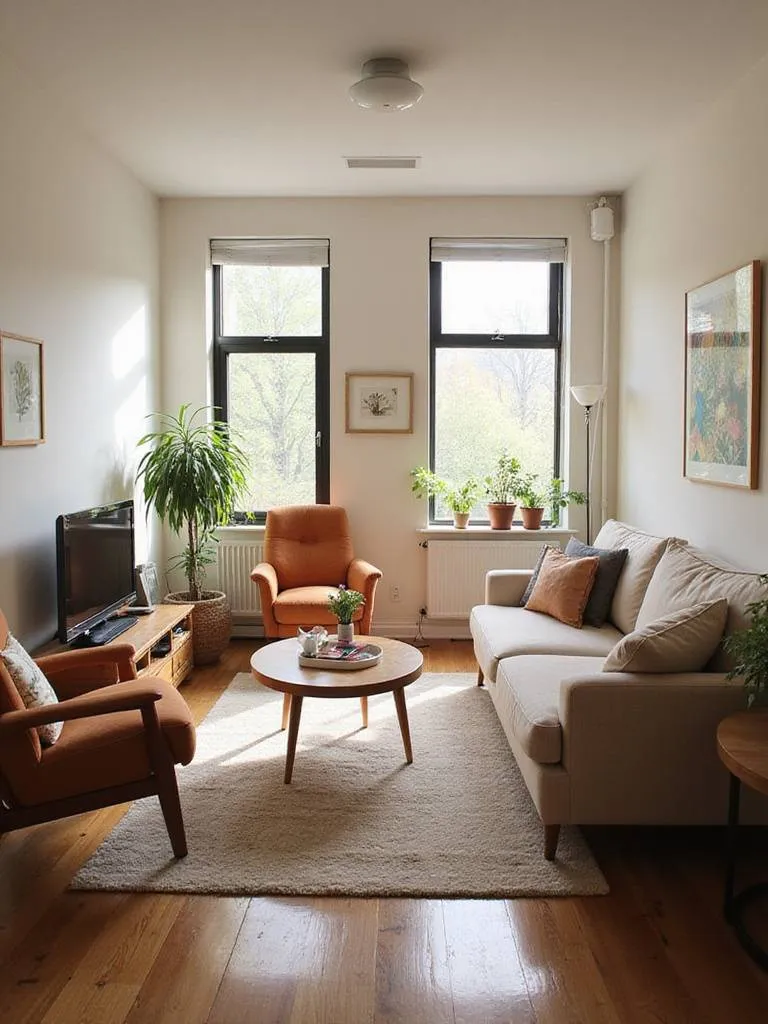 Living room furniture arrangement for optimal traffic flow and comfort