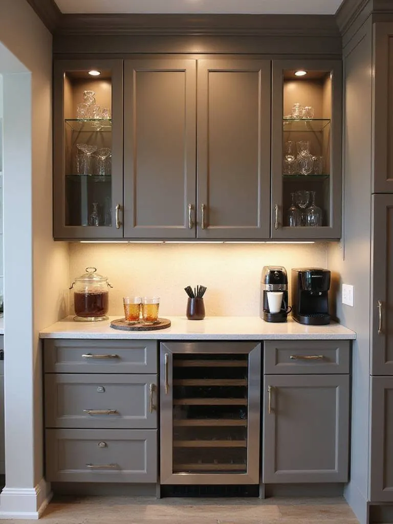 Dedicated beverage station in a contemporary kitchen with modern appliances and organized storage.