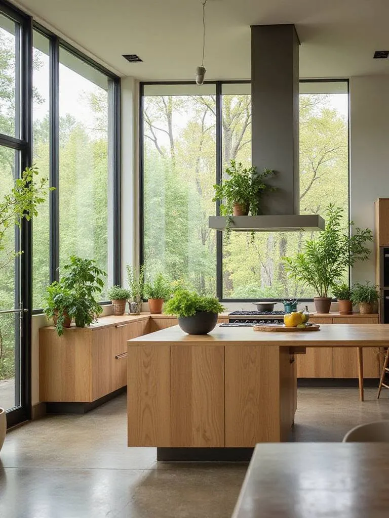Contemporary kitchen with biophilic design featuring natural light and indoor plants.