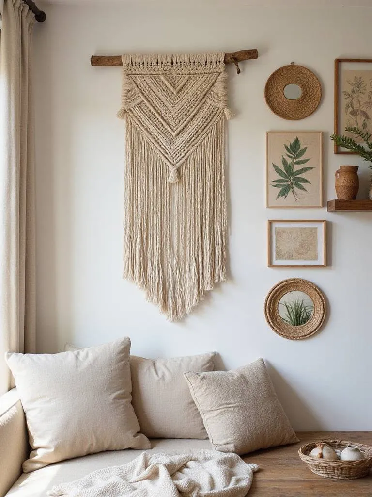 Bohemian living room wall decor with diverse textures including macrame, wood, and ceramics.