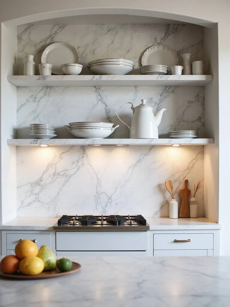 Modern kitchen with seamless backsplash and open shelving design