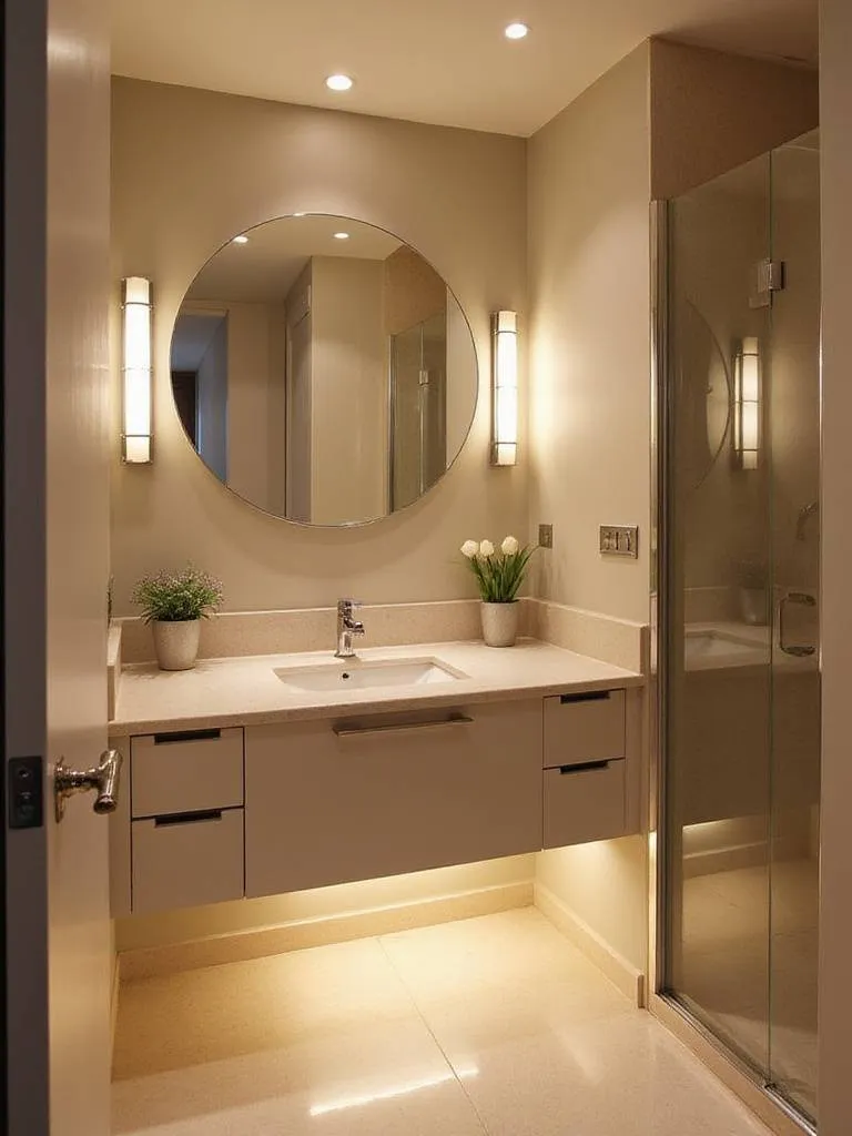 Bright small bathroom with layered lighting including sconces and recessed lights.