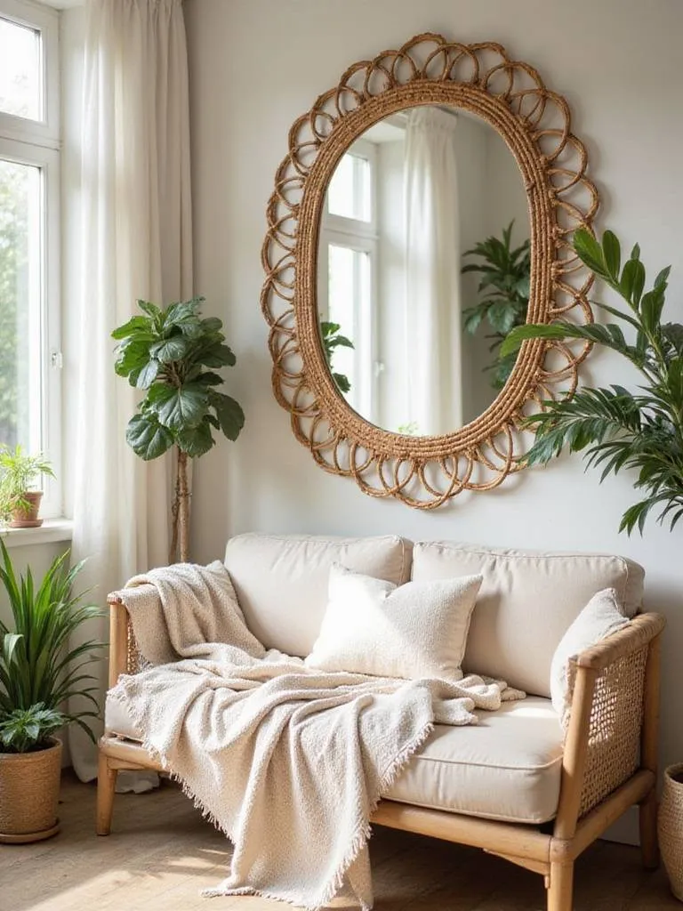 A cozy living room featuring a large rattan-framed mirror above a sofa, surrounded by boho decor elements.