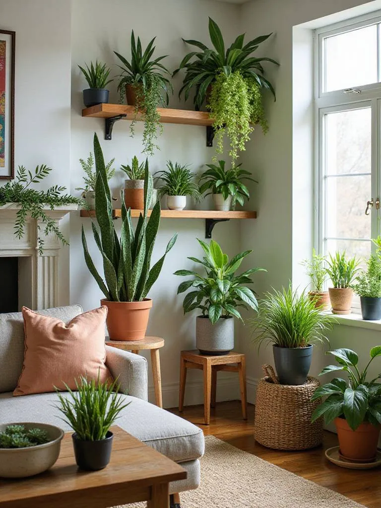 Living room decorated with low-maintenance indoor plants for freshness