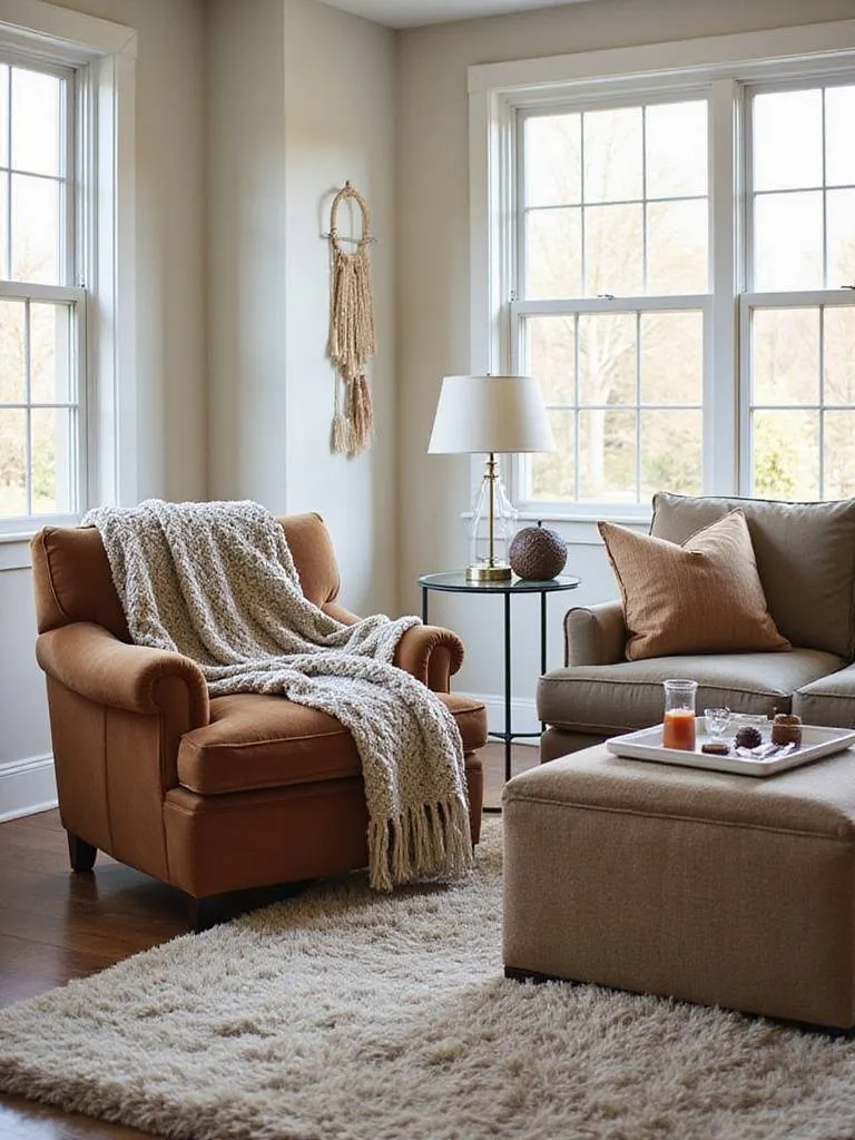 Cozy living room with varied textures including velvet sofa and shag rug
