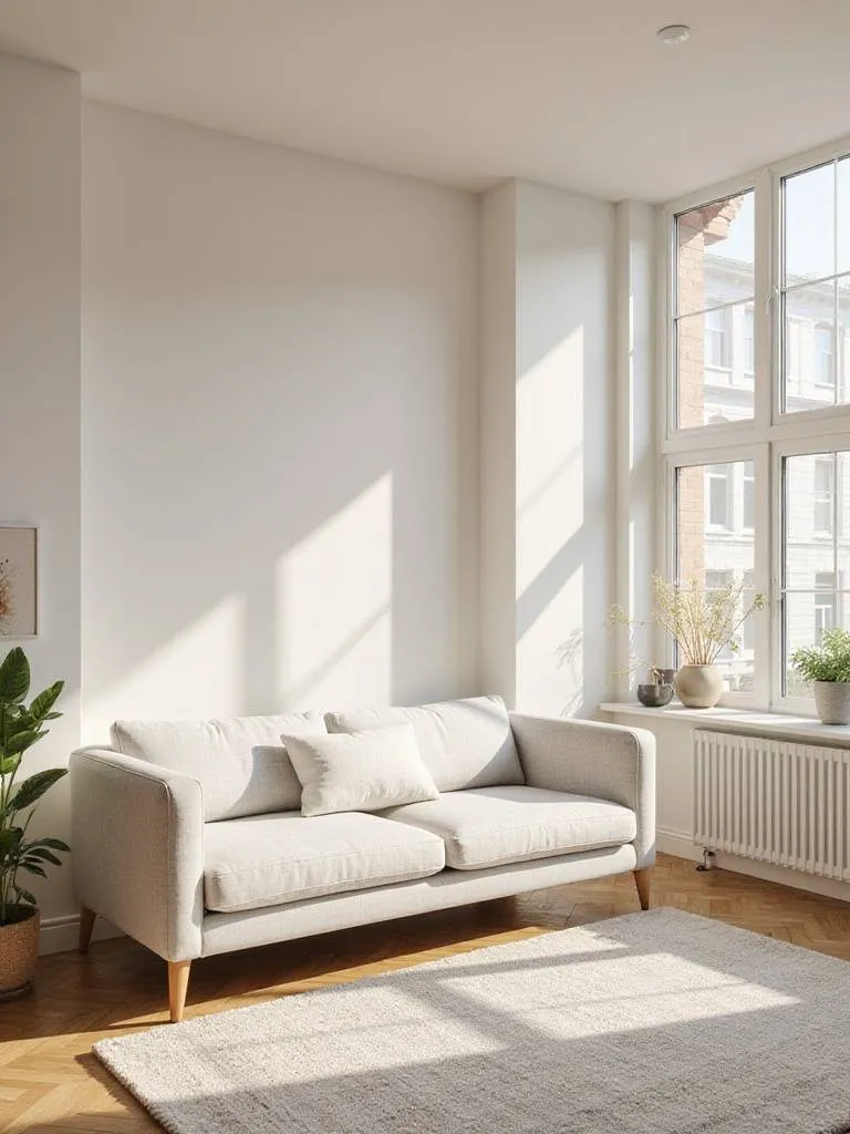 Small living room with a cohesive color palette featuring neutral walls and light grey sofa.