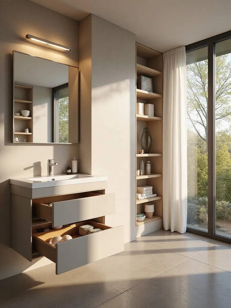 Modern bathroom with integrated smart storage solutions and a minimalist design