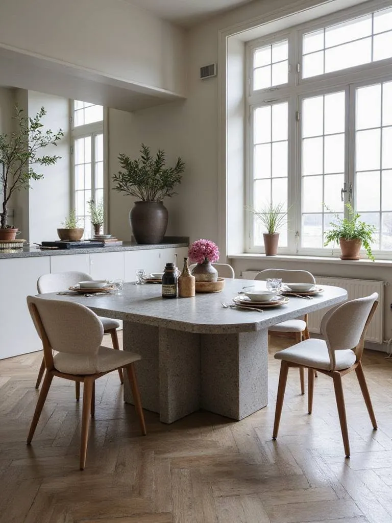 Contemporary dining room with a durable table made of sintered stone, showcasing modern design elements.