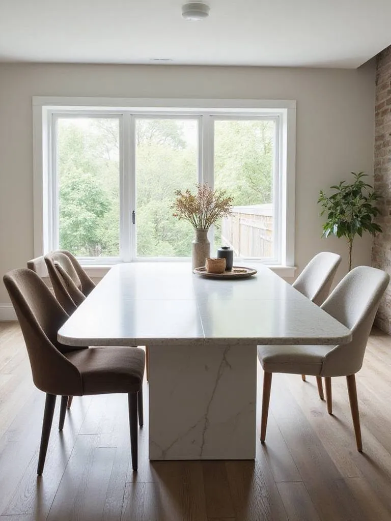 A contemporary dining room featuring a sleek quartz dining table and performance fabric chairs, illuminated by natural light.