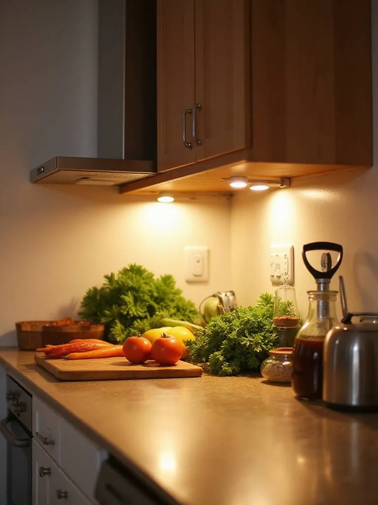 Modern kitchen with bright task lighting above the countertops illuminating the workspace.