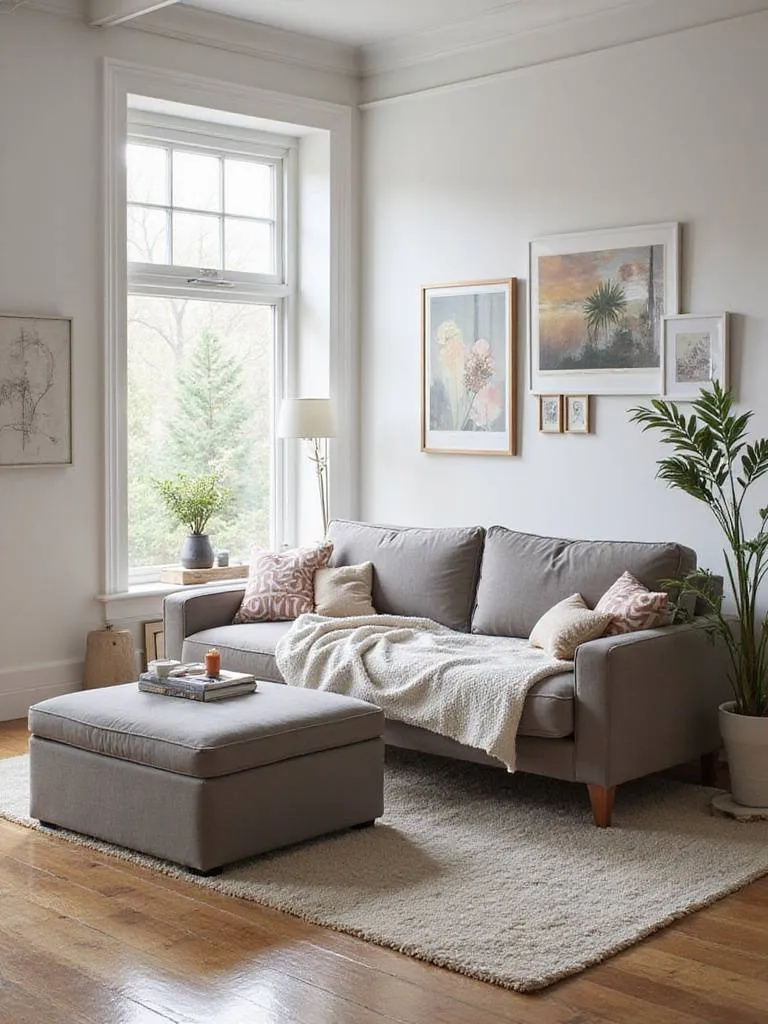Living room with multi-functional furniture including a sofa bed and storage ottoman