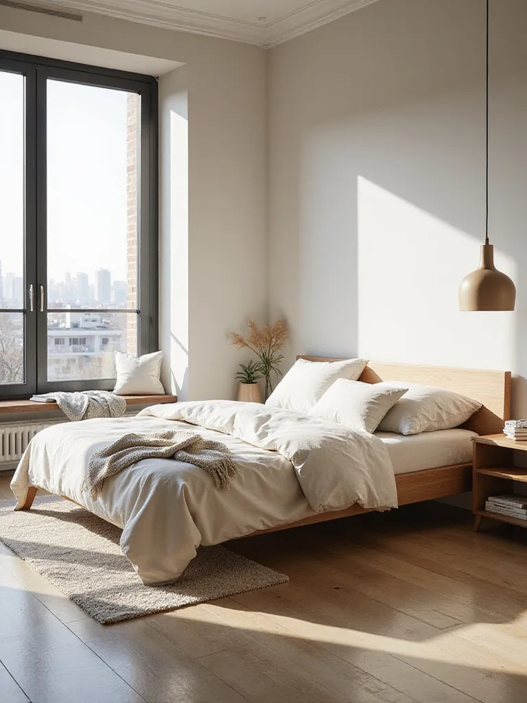 Stylish bedroom featuring a low-profile bed that enhances open floor space.
