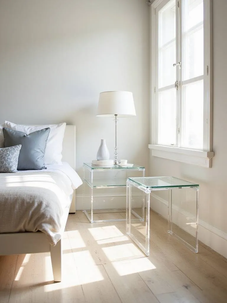 A small bedroom featuring clear furniture that enhances the feeling of space and light.