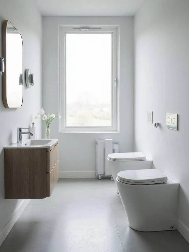 Modern small bathroom with wall-mounted toilet and vanity creating a sense of openness