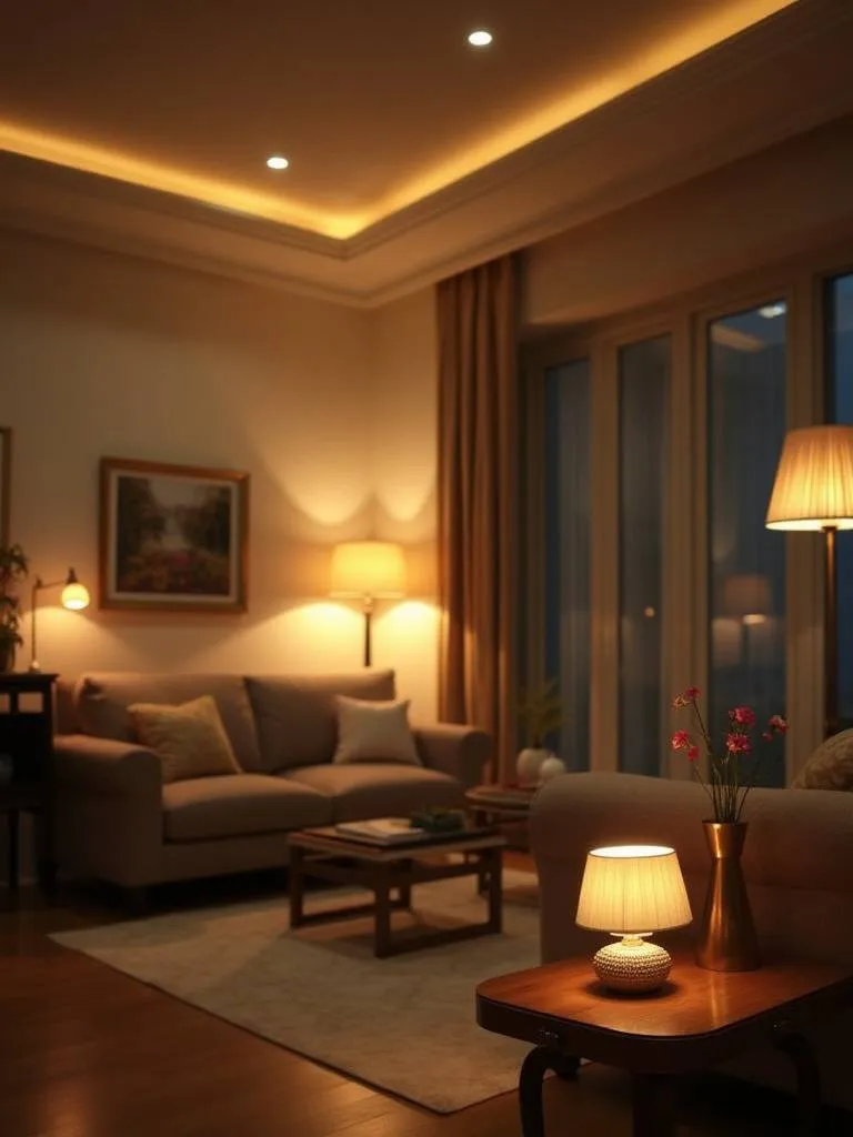 Living room ambient light sources including recessed lights and decorative lamps