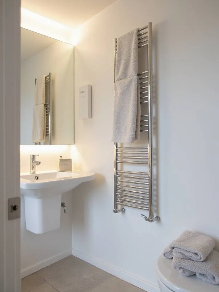 Modern small bathroom featuring a wall-mounted heated towel rail with warm towels.