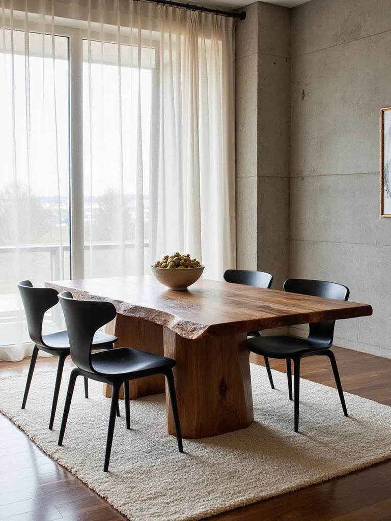 Contemporary dining room with walnut table and metal chairs showcasing rich textural contrast.