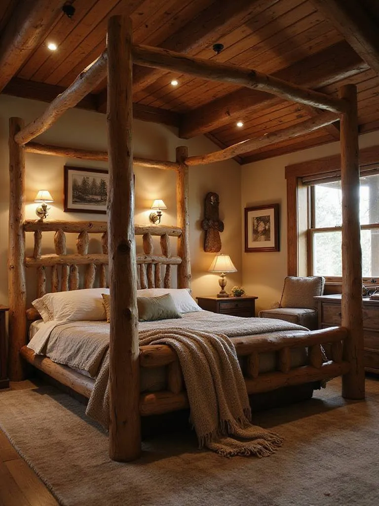 Rustic bedroom with a robust log bed frame and cozy decor