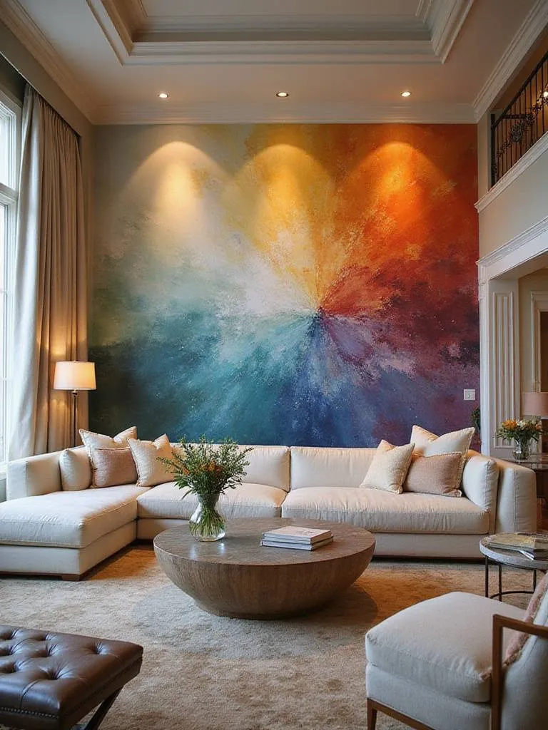 A vibrant custom mural in a stylish living room