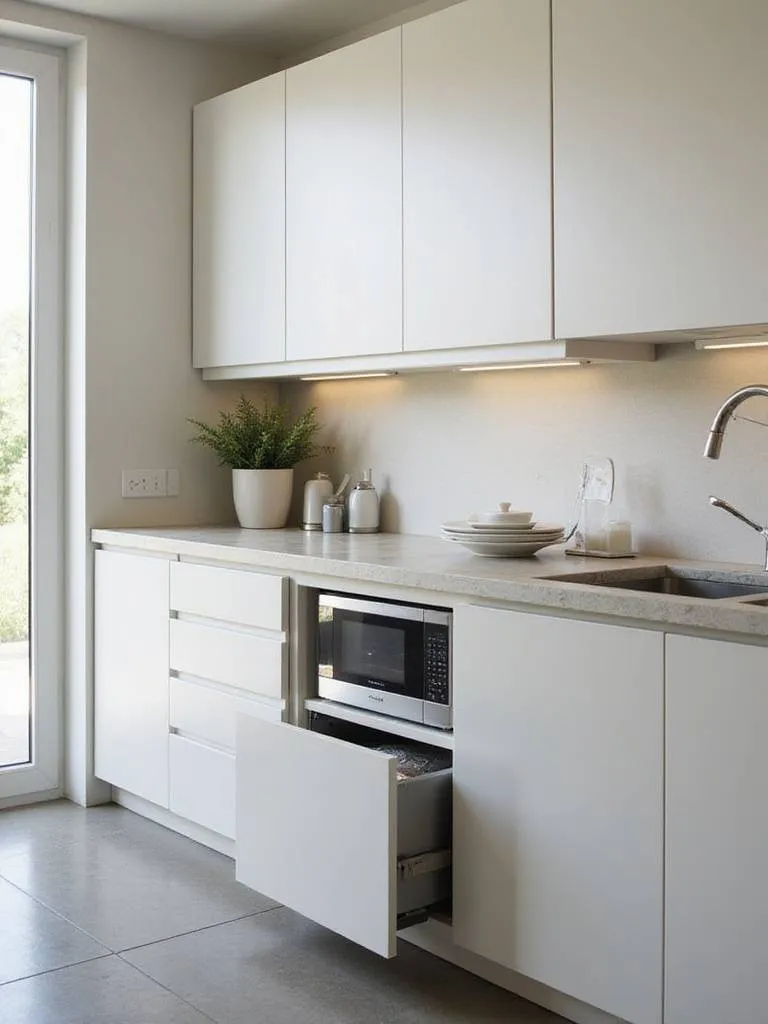 Modern kitchen with a closed appliance garage, showcasing a clean and organized countertop.