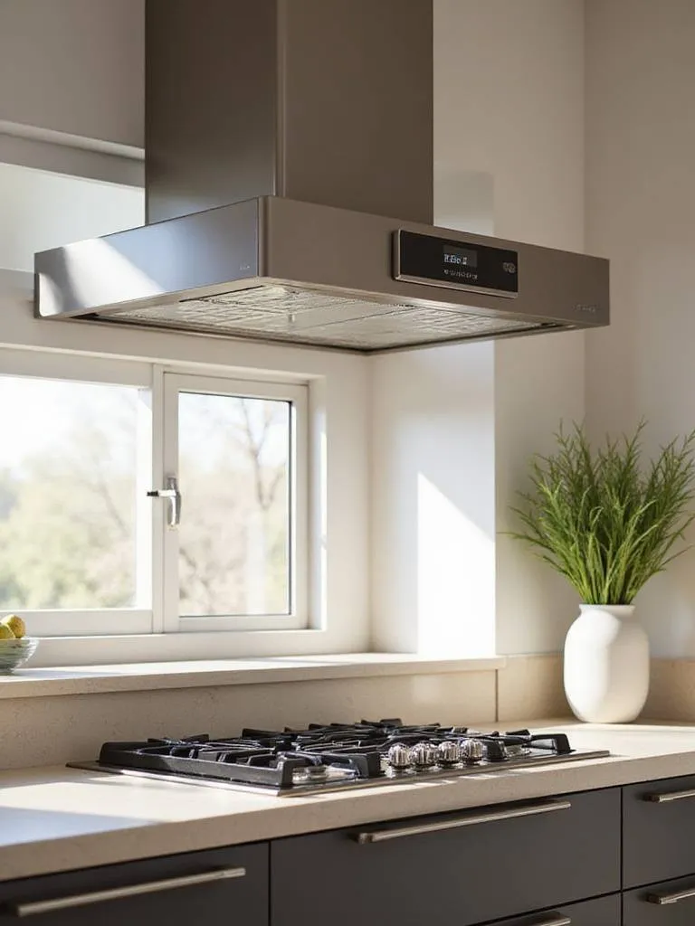 Modern kitchen with powerful range hood and bright sunlight