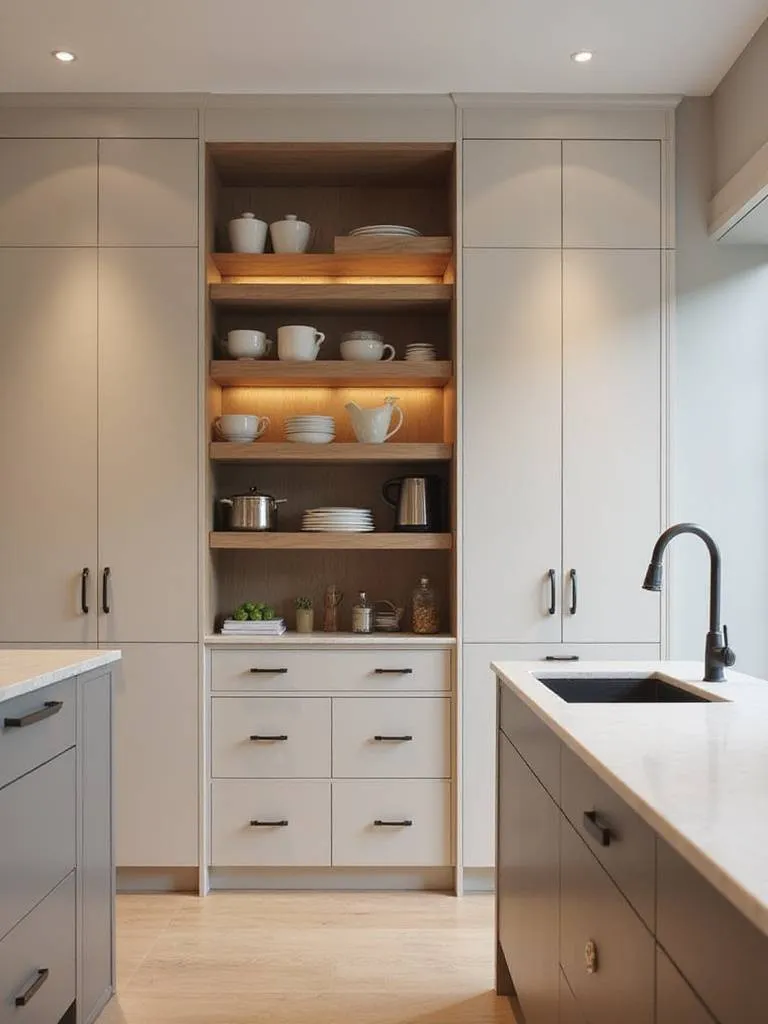 A modern kitchen featuring a concealed scullery space with organized storage and minimalist design.