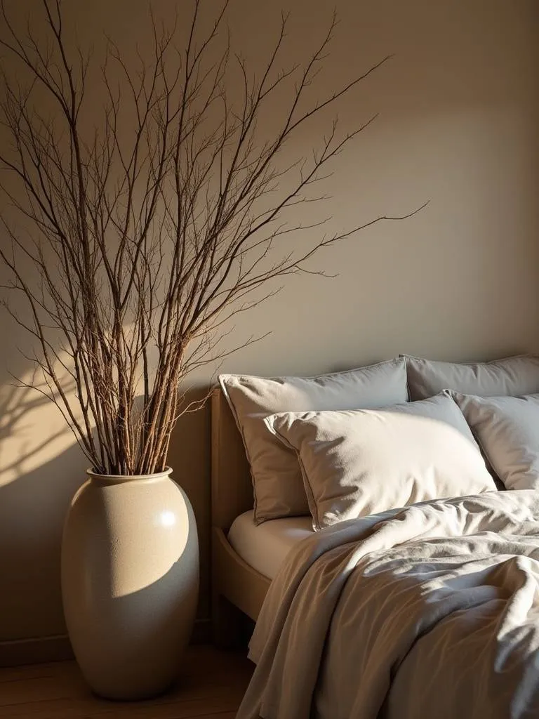 Cozy rustic bedroom with natural branch decor in a vase next to a bed.
