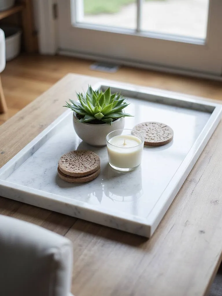 A stylish coffee table with a marble tray holding small decor items including a succulent and a candle.