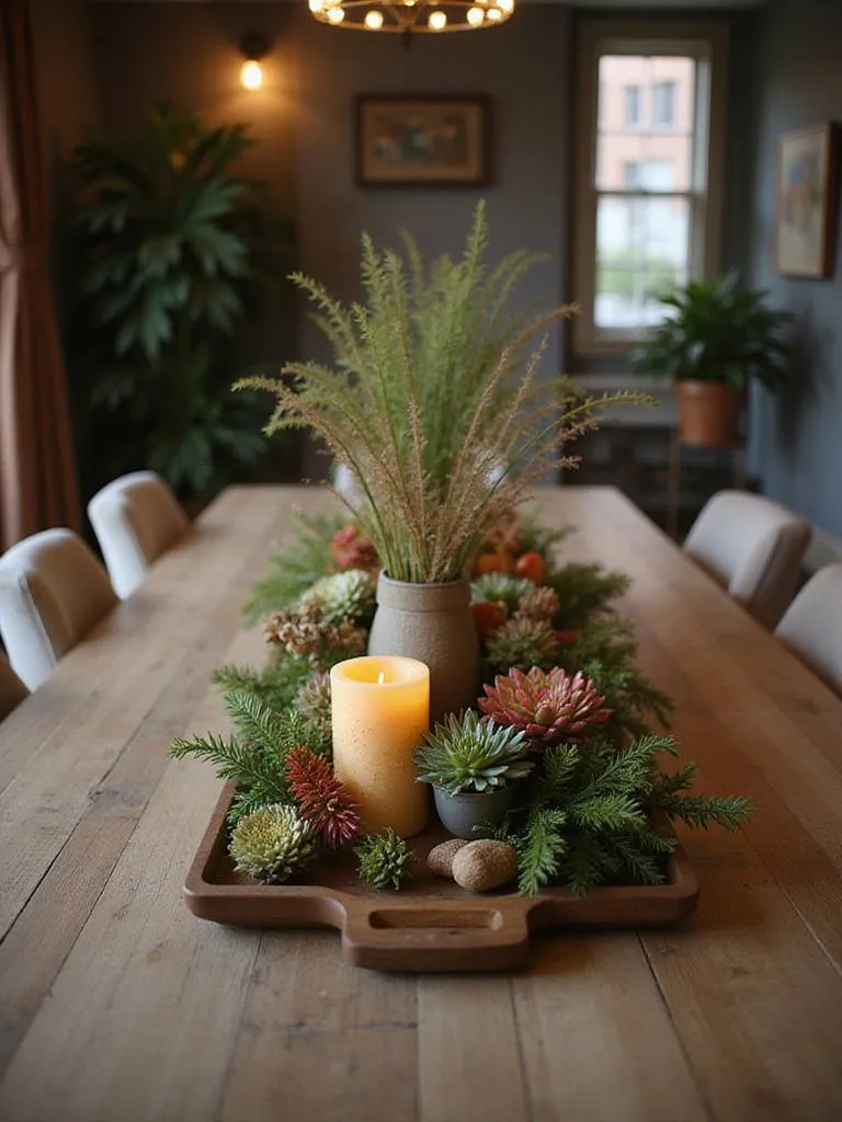 A contemporary dining table featuring a dynamic centerpiece with seasonal elements.