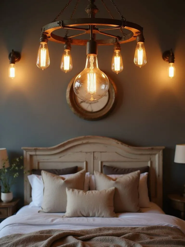 Rustic bedroom illuminated by warm Edison bulb fixtures, featuring vintage chandelier and cozy decor.