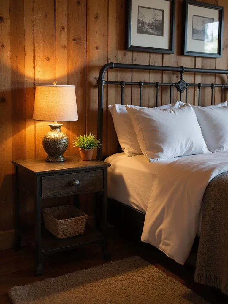 Rustic bedroom with wrought iron nightstands and warm lighting