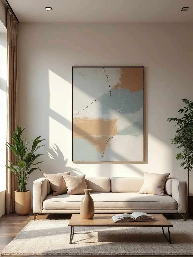 Living room featuring a large abstract art piece on the wall with modern decor