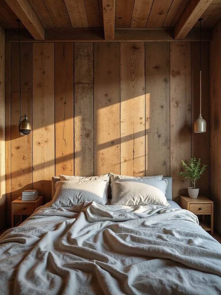 A rustic bedroom with a distressed wood wall, showcasing warm lighting and inviting decor.