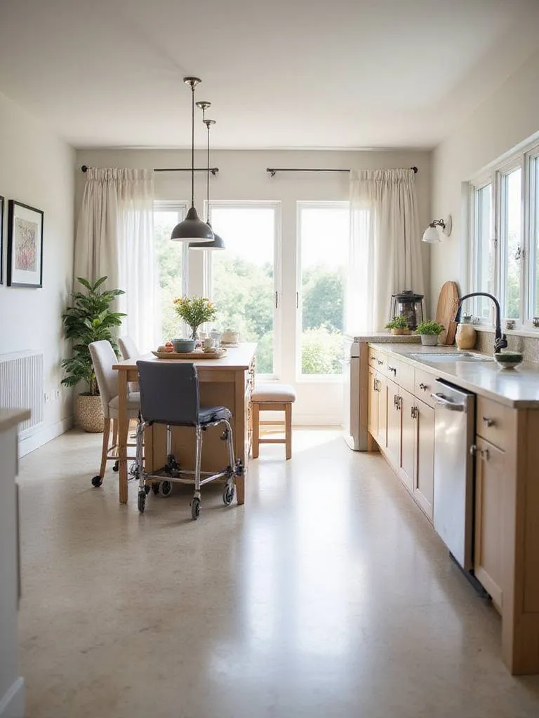 Modern kitchen designed with accessibility features, showcasing lower countertops and wide pathways.
