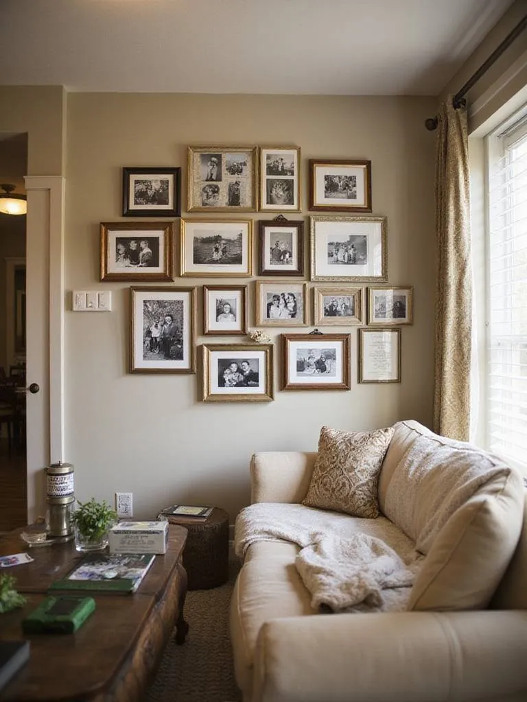 Personal photo wall displaying cherished memories in a cozy living room.