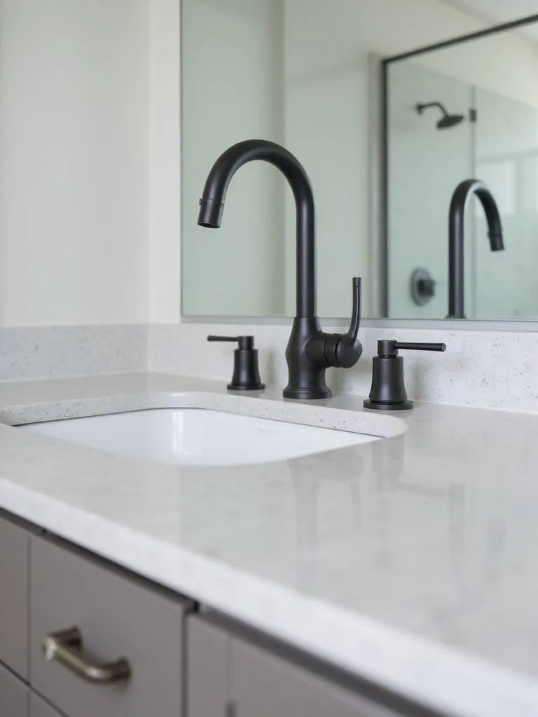 Modern bathroom with sleek, minimalist hardware including a matte black faucet and brushed nickel cabinet pulls.