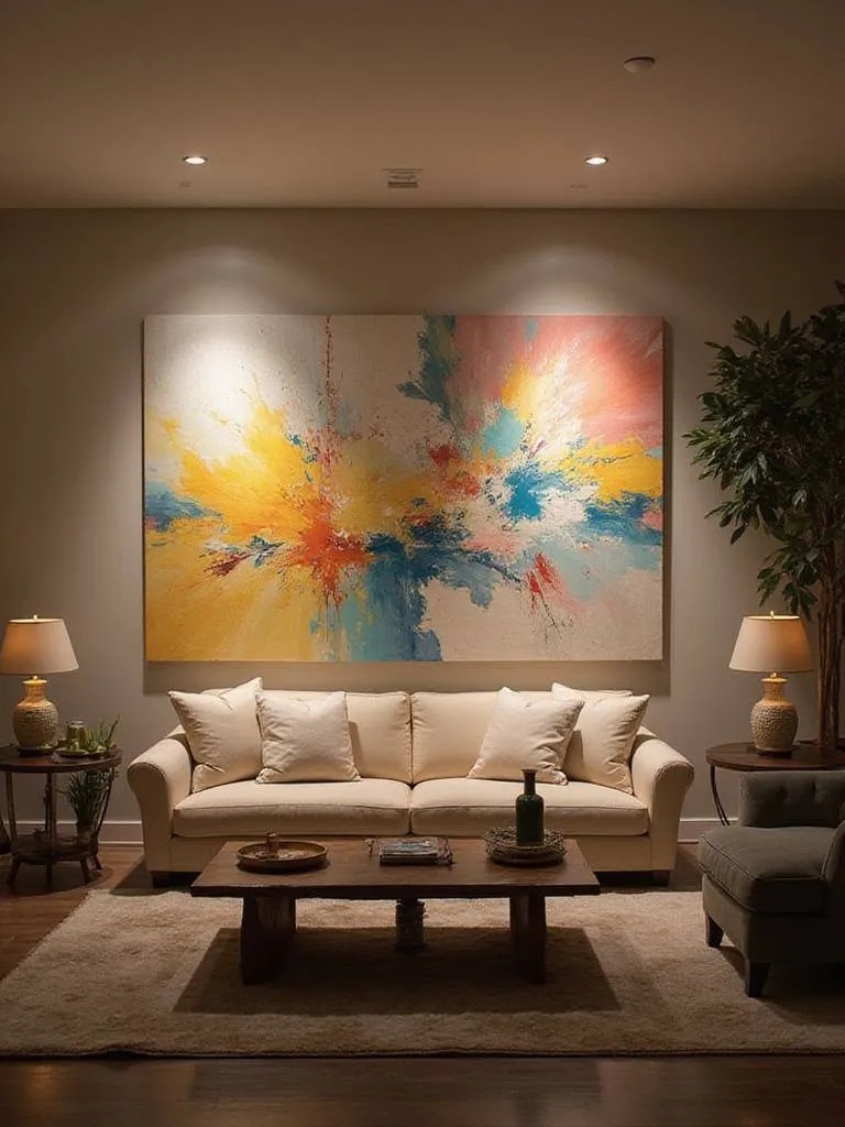 Living room showcasing accent lights highlighting an abstract painting on the wall.