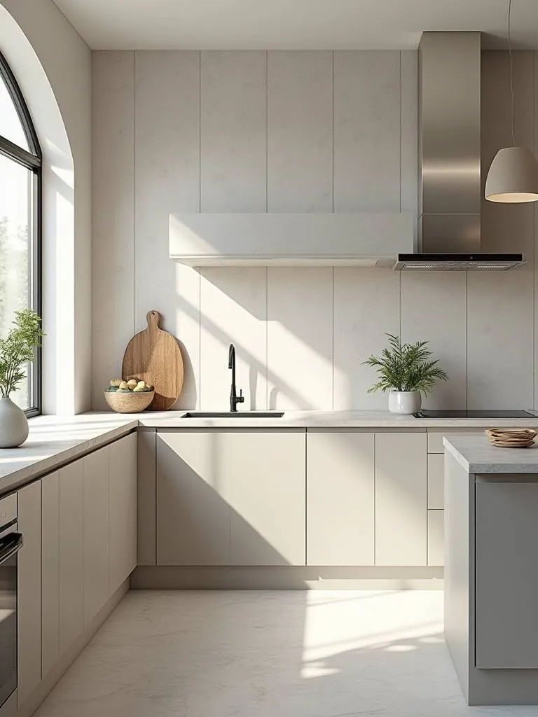Modern kitchen with oversized large format tile backsplash, showcasing a seamless design.