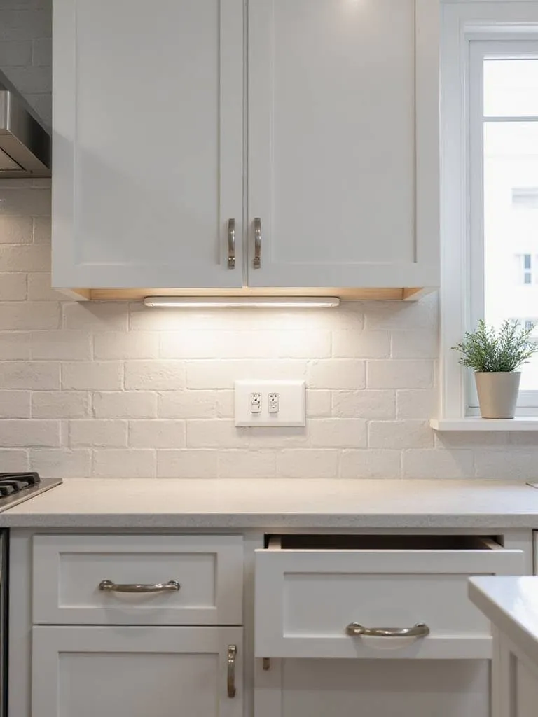 Modern kitchen with strategic electrical outlet placement showcasing minimal cord clutter