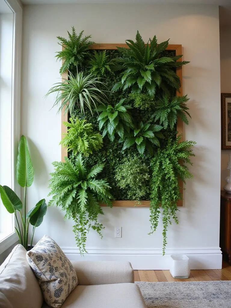 Vertical living wall in a modern living room with various indoor plants.