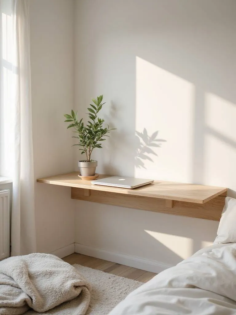 A floating desk in a small bedroom setting, showcasing a minimalist design and natural lighting.