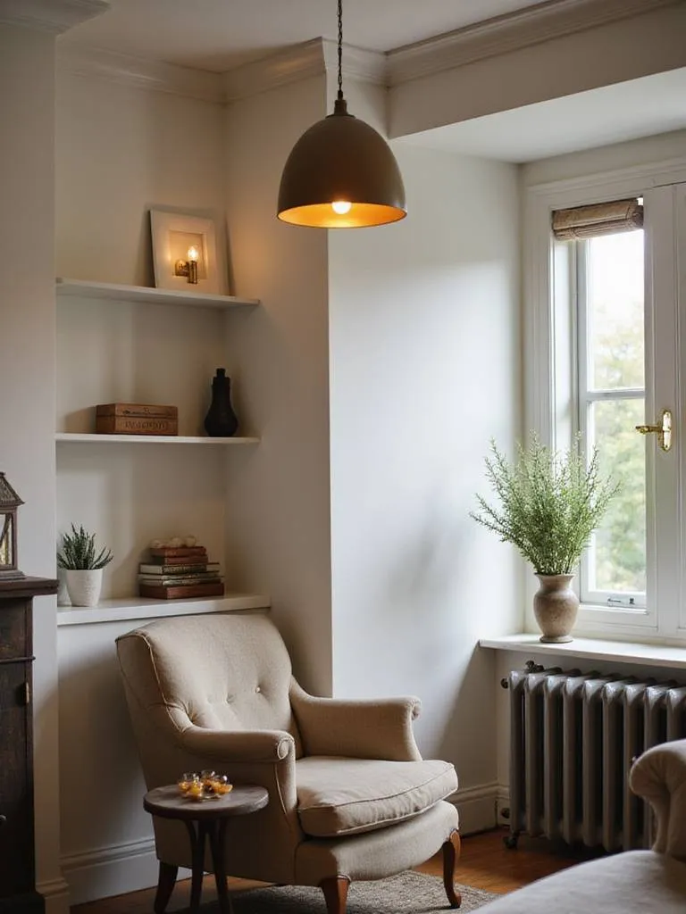 Stylish pendant light over a cozy reading nook in a living room