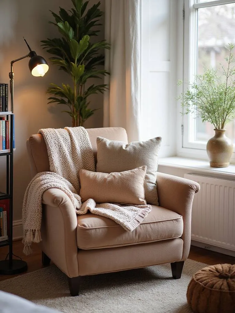 Cozy reading nook with plush seating and natural light
